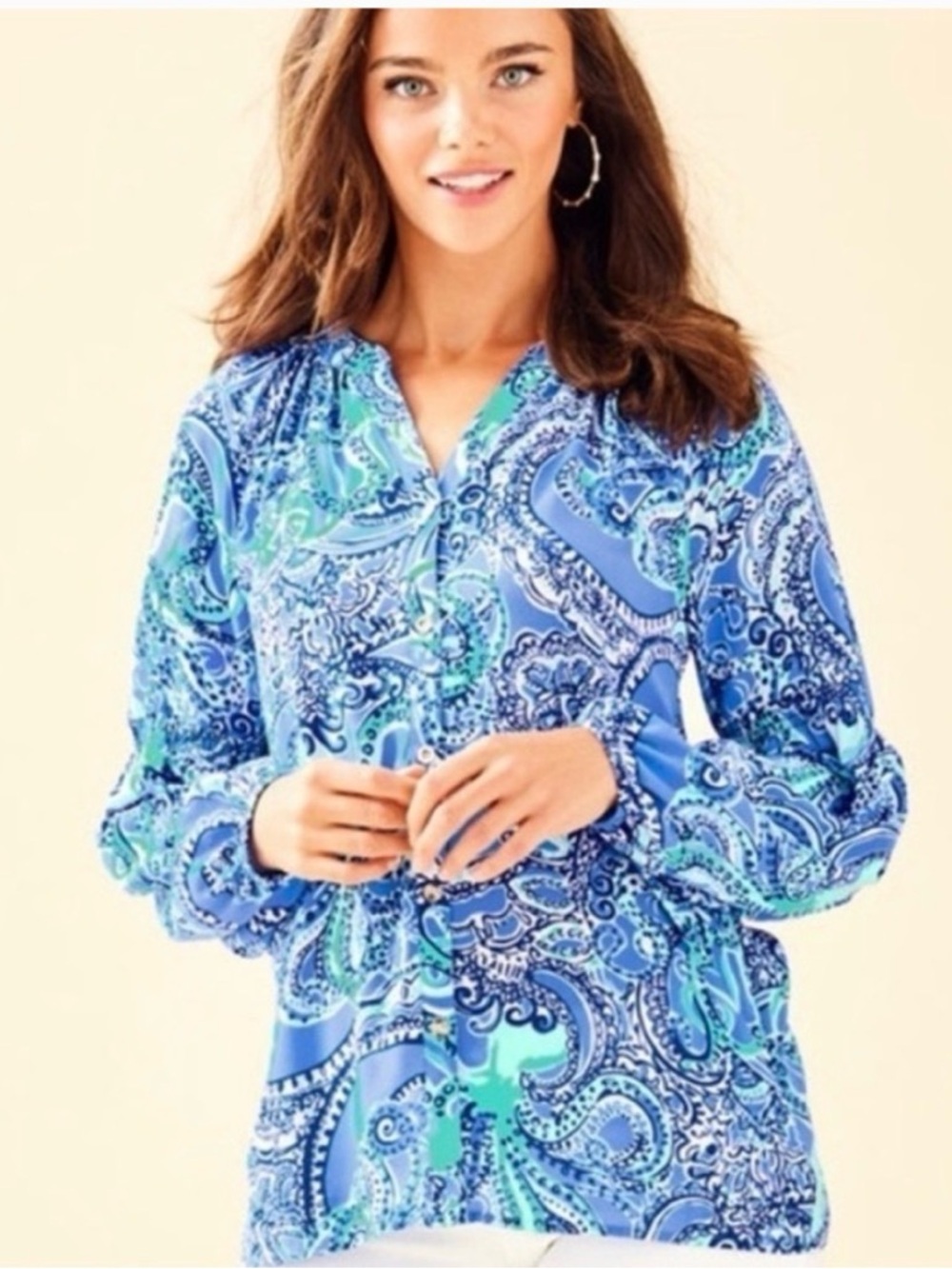 Lilly Pulitzer Anela Coastal Blue Legga Sea Top Paisley V-Neck top